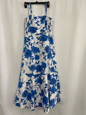 ME+EM Scribbled Flower Print Cotton Sateen Maxi Strap Dress Blue and White US 4